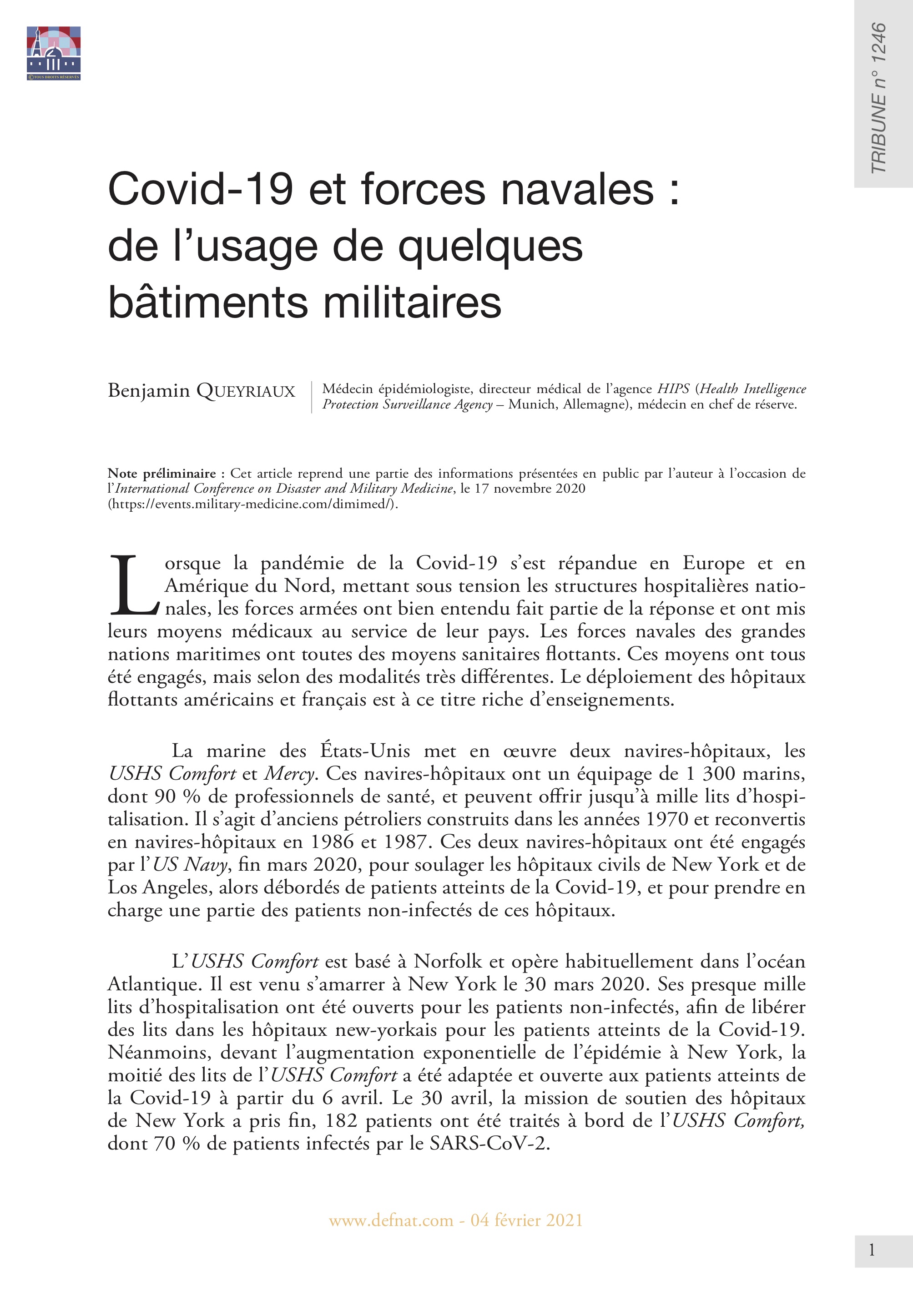 Covid-19 et forces navales : de l’usage de quelques bâtiments militaires (T 1246)
